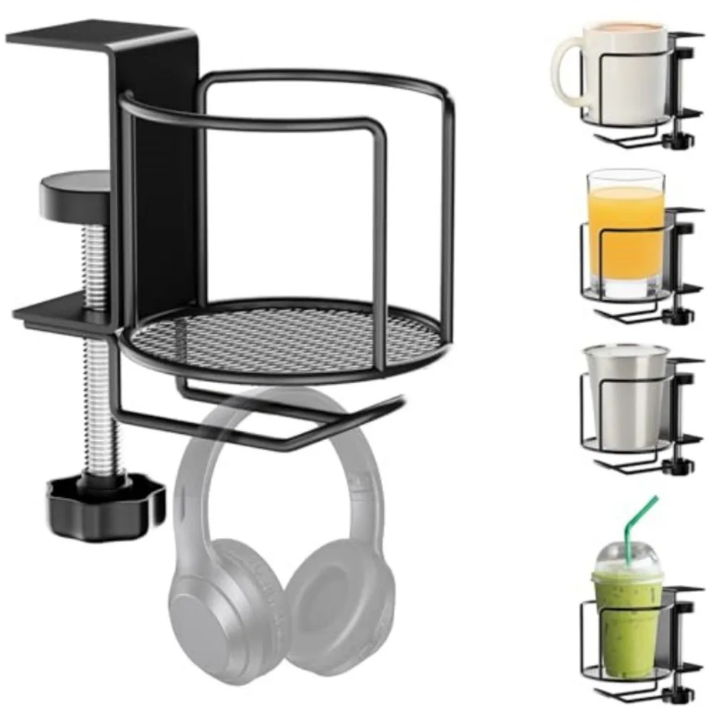 Headphone Stand Desk - 2-in-1 Verstellbarer Schreibtisch-Getränkehalter, Anti-Verschüttungs-Flaschenhalter, Tischklemme, Getränkehalter